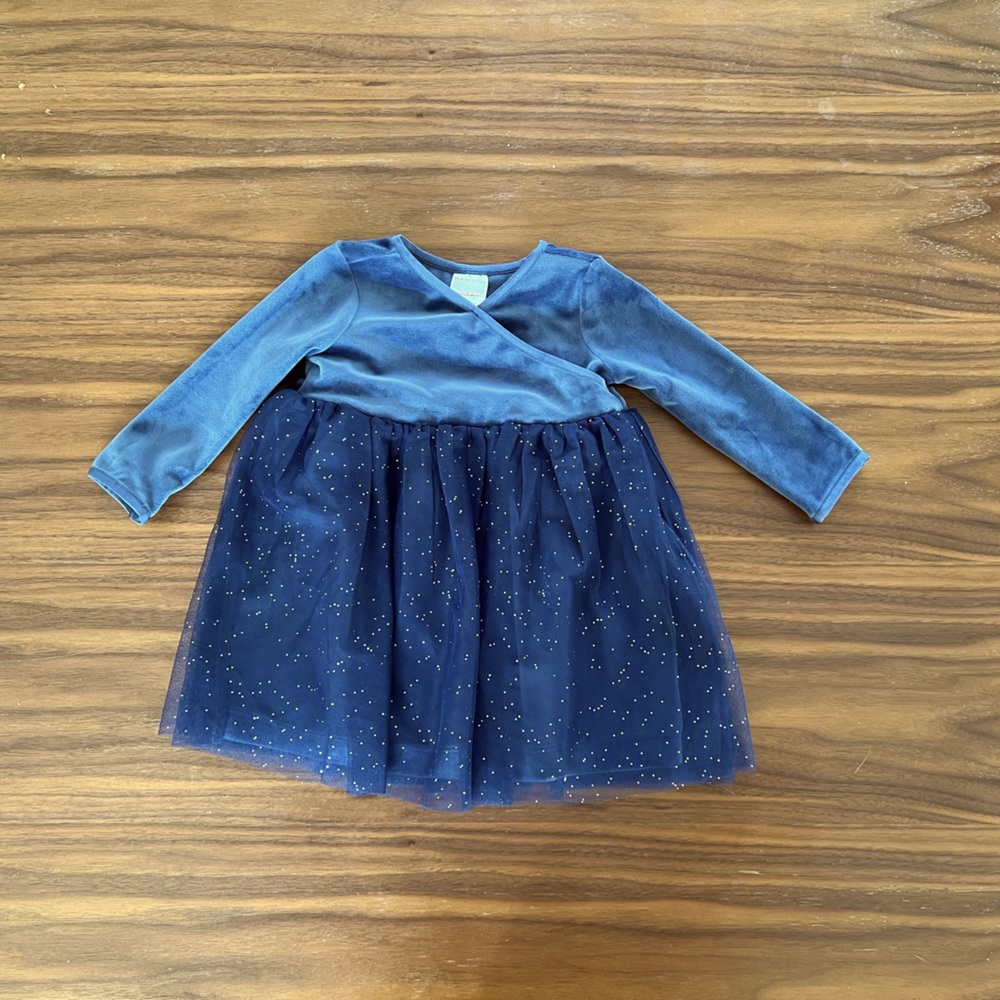 Like New Hanna Andersson blue winter holiday dress w/tulle skirt, 12-18 months